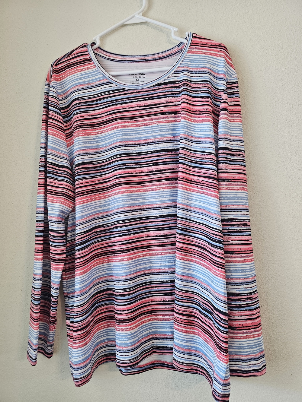 Coral Bay Striped Long-Sleeve Crewneck Top in Pink, Blue & Black